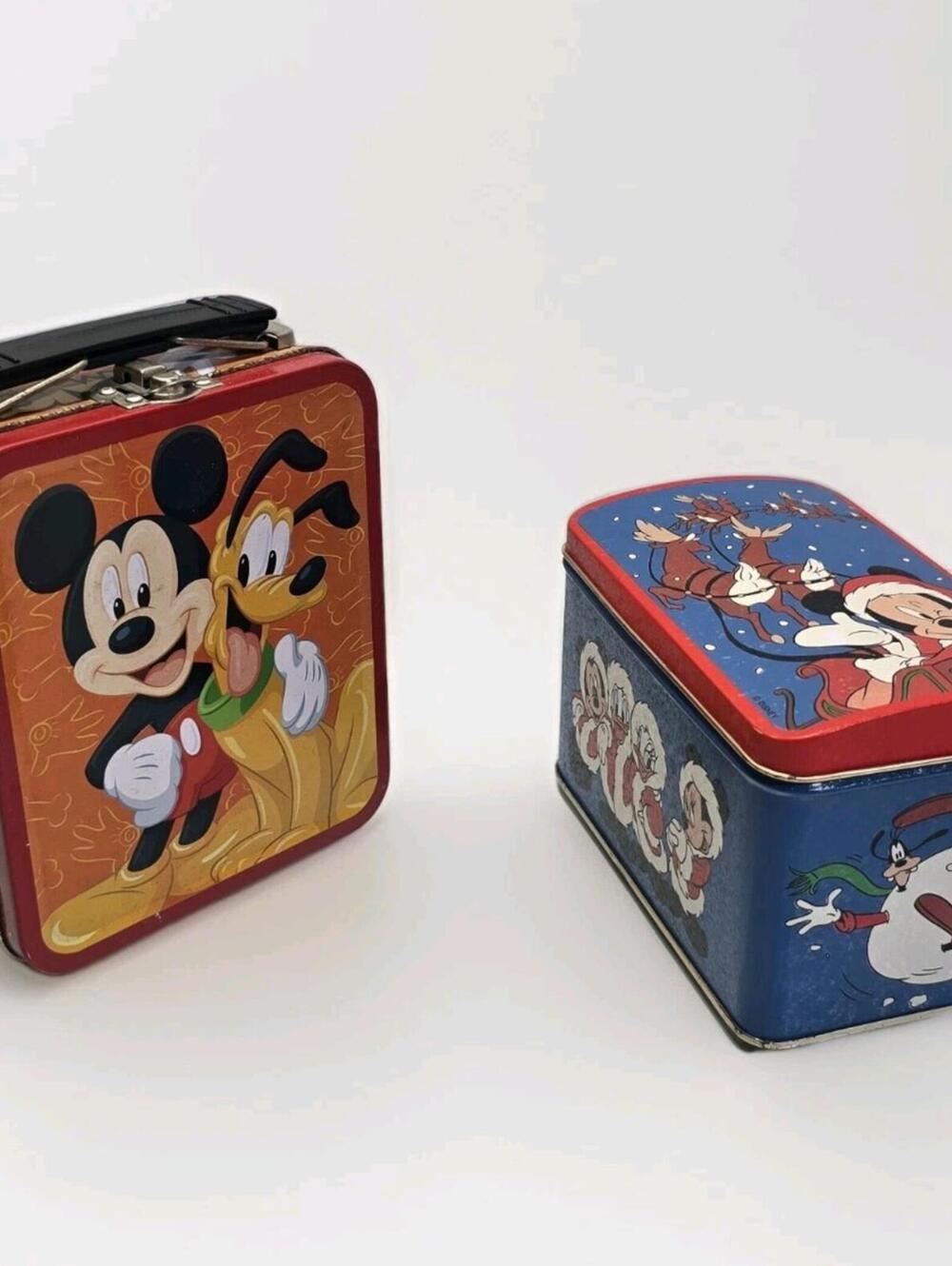 Vintage Disney Mickey Pluto Christmas Metal Tins Lunchbox Storage Collectible.
